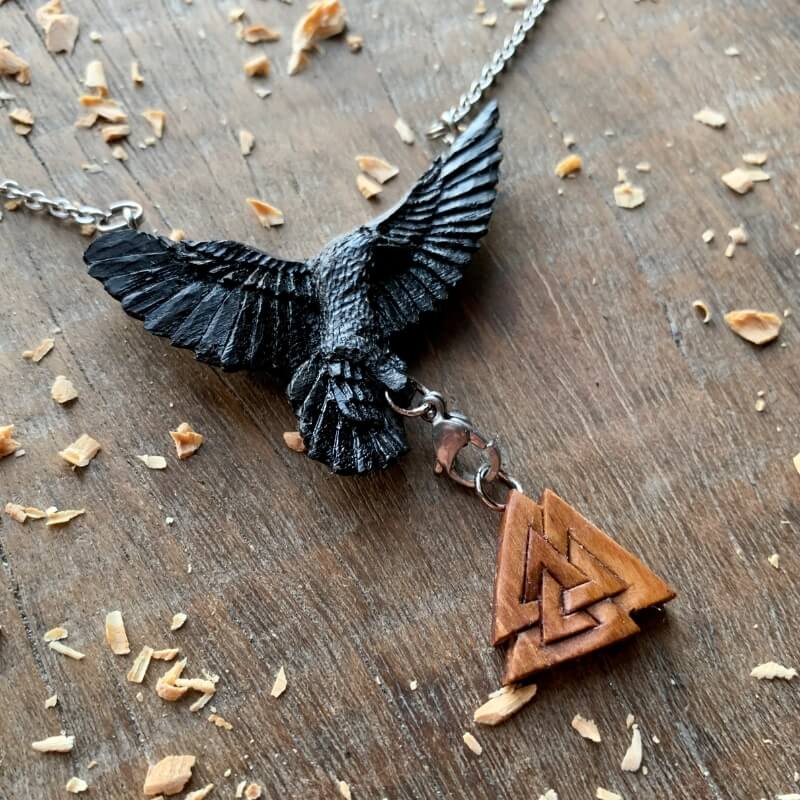 vkngjewelry Pendant Unique Mixed Wood Flying Raven Valknut Pendant