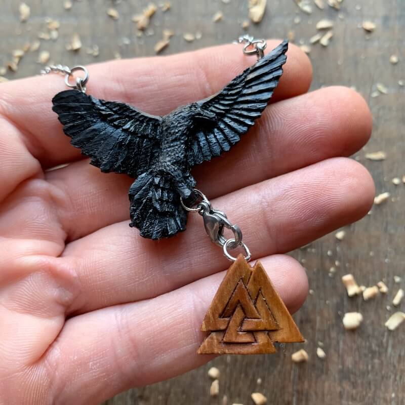 vkngjewelry Pendant Unique Mixed Wood Flying Raven Valknut Pendant
