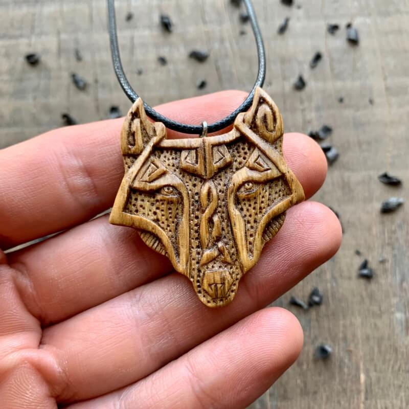 vkngjewelry Pendant Unique Oak Wood Fenrir Head Pendant