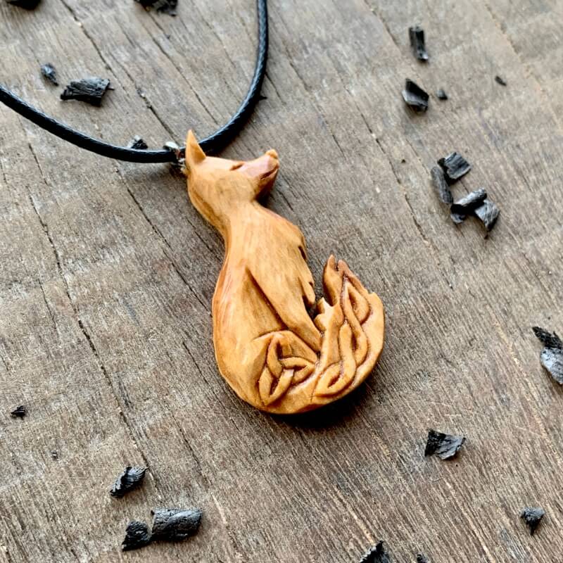 vkngjewelry Pendant Unique Olive Wood Celtic Fox Triquetra Design Pendant