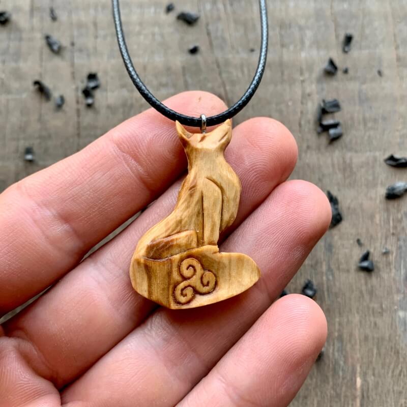 vkngjewelry Pendant Unique Olive Wood Celtic Fox Triskelion Design Pendant