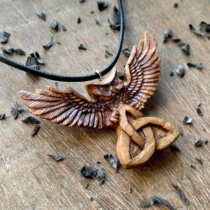 vkngjewelry Pendant Unique Wood Barn Owl and Triquetra Pendant