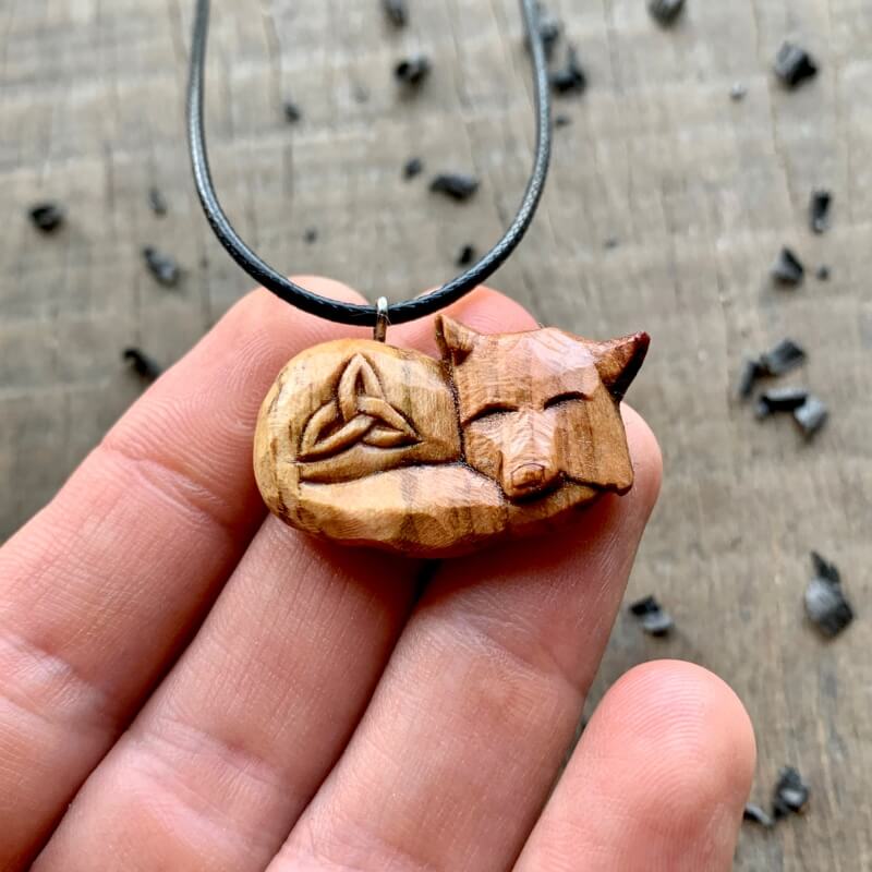 vkngjewelry Pendant Unique Plum Wood Sleeping Fox Triquetra Pendant