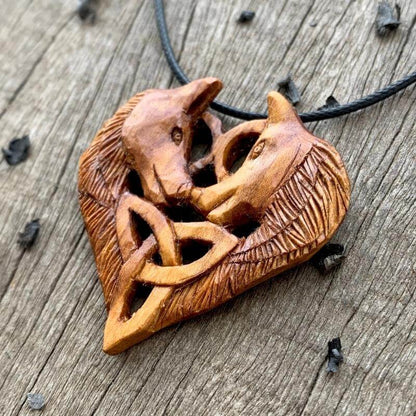 vkngjewelry Pendant Unique Plum Wood Wolves in Love Triquetra Pendant
