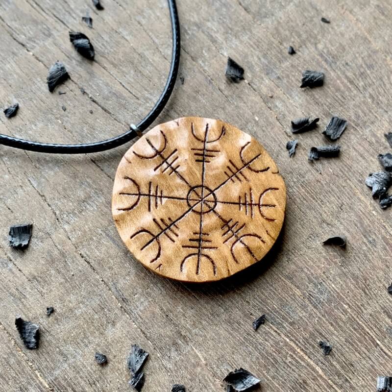 vkngjewelry Pendant Unique Walnut Wood Aegishjalmur Pendant