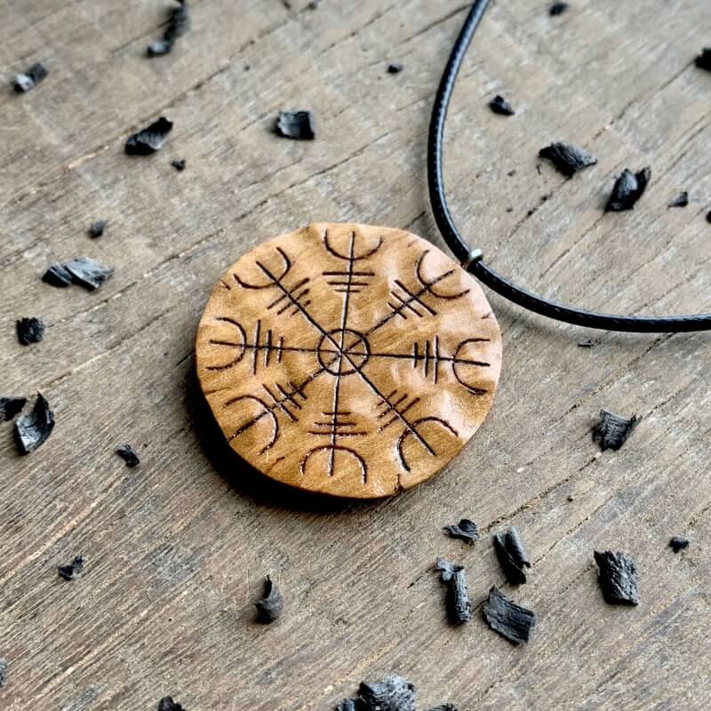vkngjewelry Pendant Unique Walnut Wood Aegishjalmur Pendant