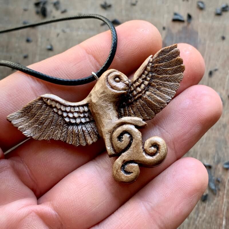 vkngjewelry Pendant Unique Walnut Wood Barn Owl and Triskelion Pendant