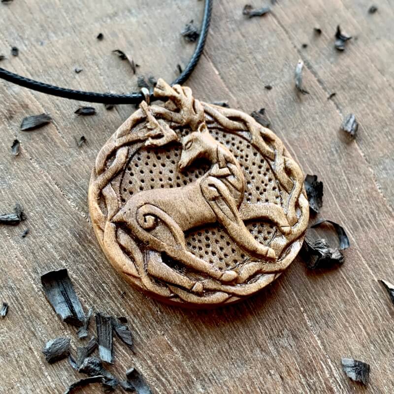 vkngjewelry Pendant Unique Walnut Wood Celtic Deer Pendant Style 3