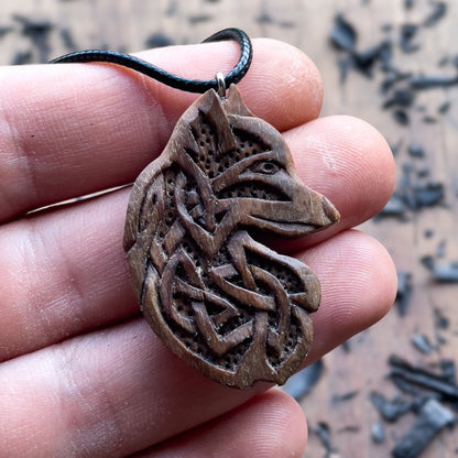 vkngjewelry Pendant Handcarved Unique Walnut Wood Celtic Design Fox Pendant Style 1
