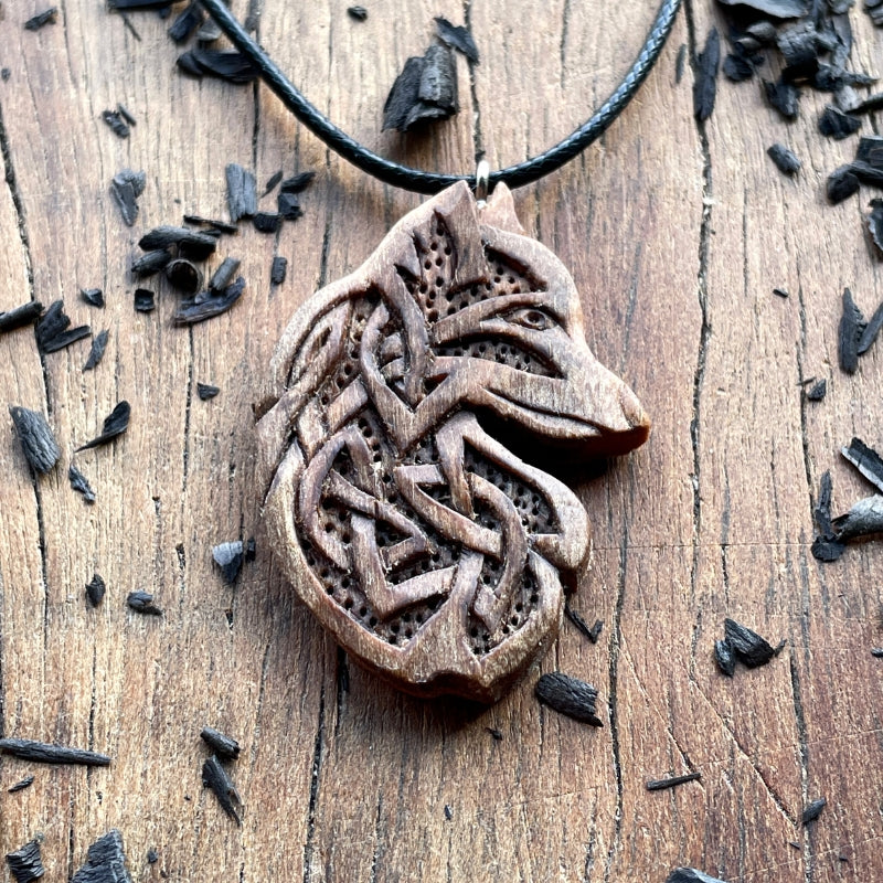 vkngjewelry Pendant Handcarved Unique Walnut Wood Celtic Design Fox Pendant Style 1