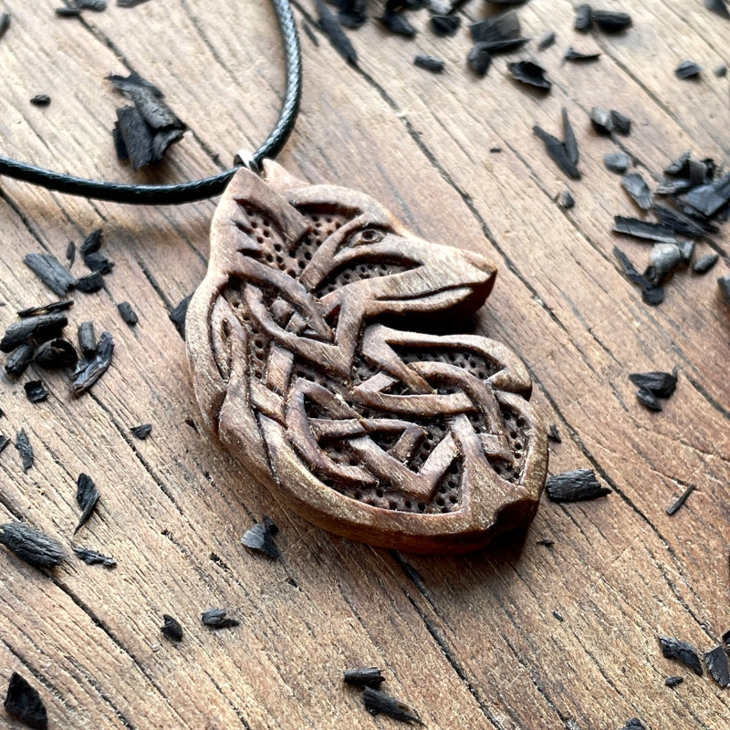 Unique Walnut Wood Celtic Design Fox Handcarved VKNG Jewelry