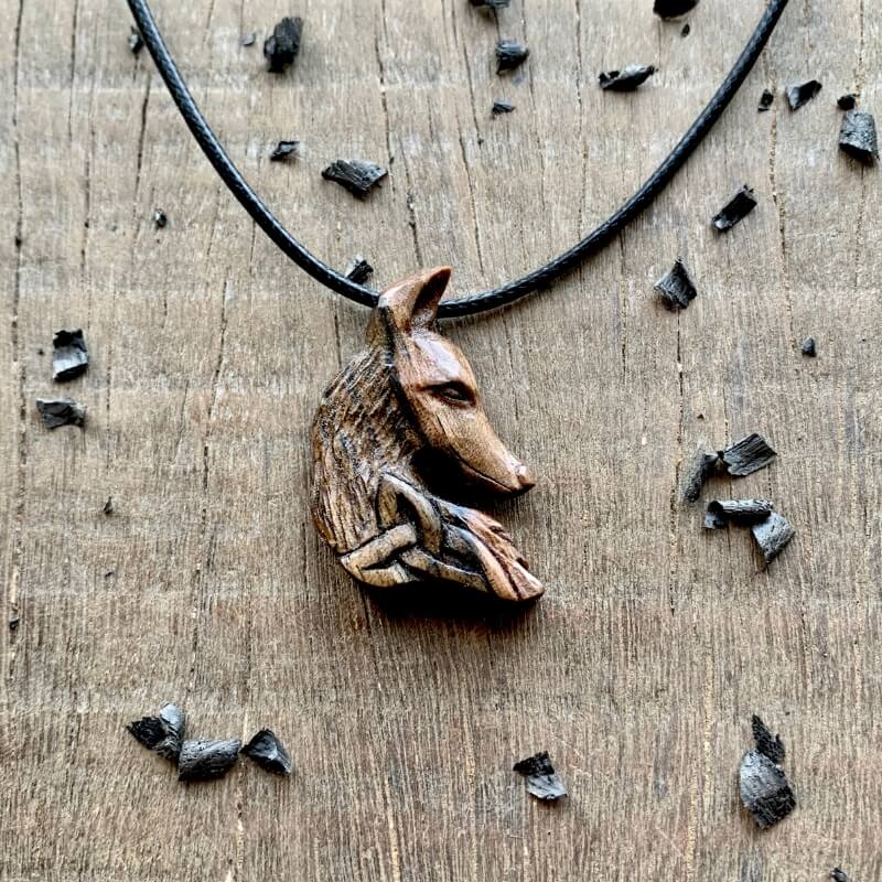 vkngjewelry Pendant Unique Walnut Wood Celtic Fox Head Triquetra Pendant