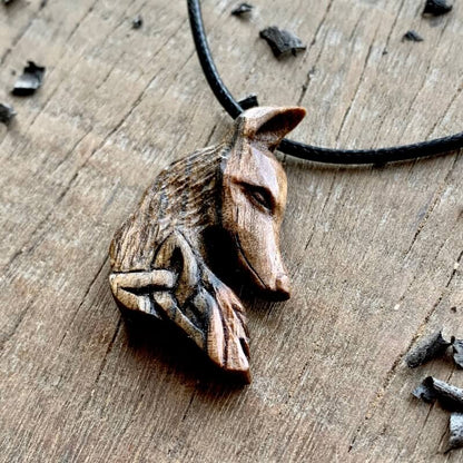 vkngjewelry Pendant Unique Walnut Wood Celtic Fox Head Triquetra Pendant