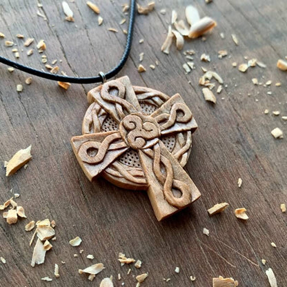 vkngjewelry Pendant Unique Walnut Wood Celtic Knots Cross Triskelion Pendant Style 1