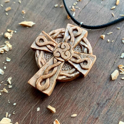 vkngjewelry Pendant Unique Walnut Wood Celtic Knots Cross Triskelion Pendant Style 1