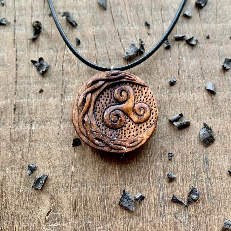 vkngjewelry Pendant Unique Walnut Wood Celtic Sun And Moon Triskelion Pendant