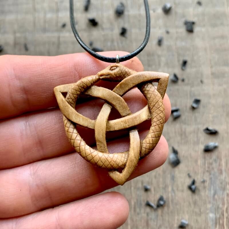 vkngjewelry Pendant Unique Walnut Wood Celtic Uroboro Serpent Triquetra Pendant 3D Version