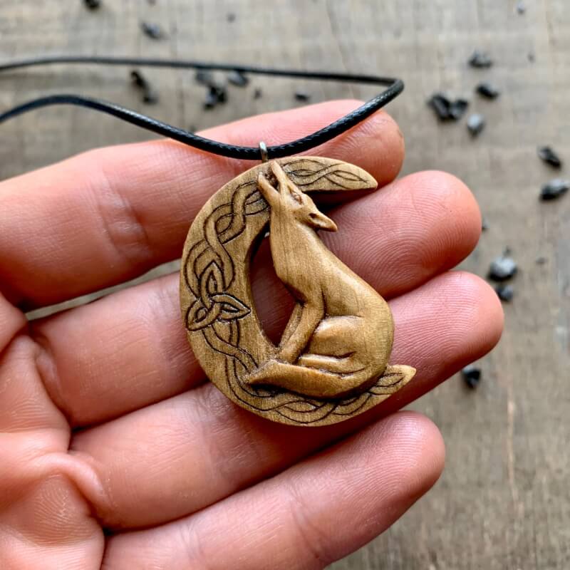 vkngjewelry Pendant Unique Walnut Wood Celtic Wolf On The Moon With Triquetra Pendant Style 1