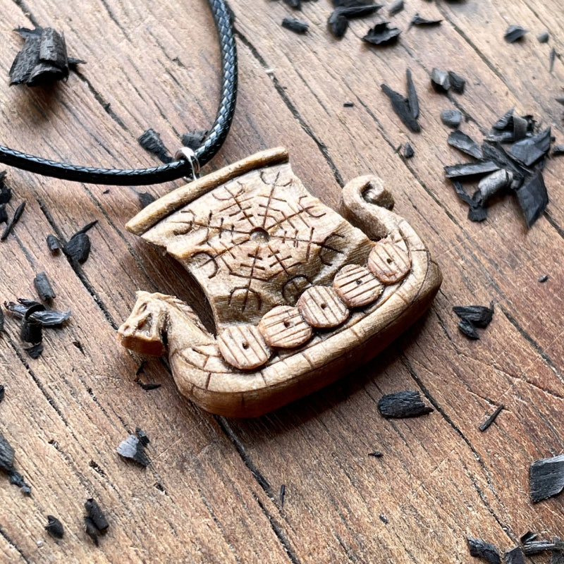 vkngjewelry Pendant Handcarved Unique Walnut Wood Drakkar Aegishjalmur Pendant