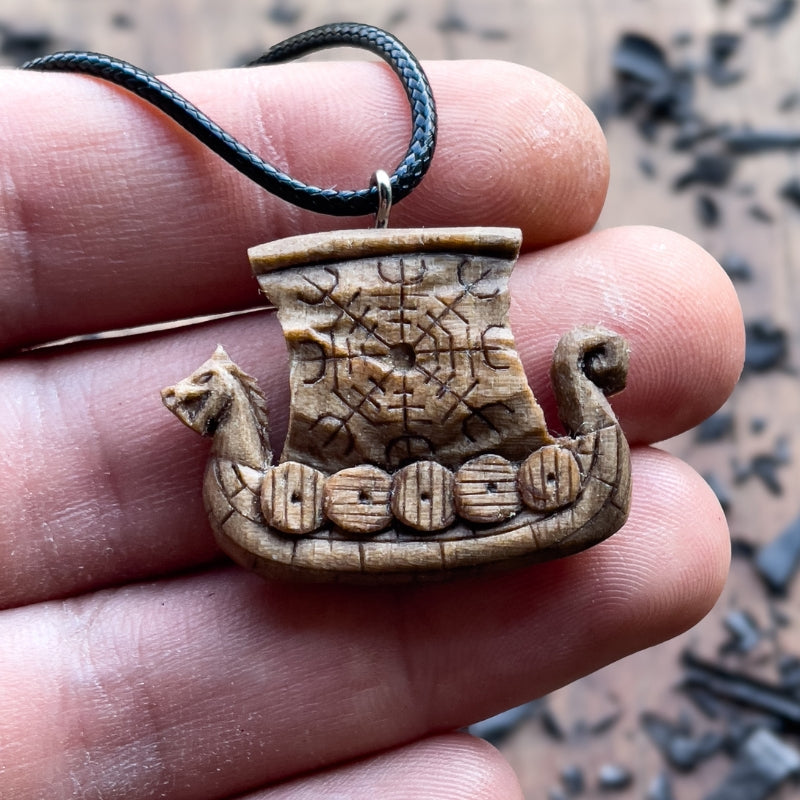 vkngjewelry Pendant Handcarved Unique Walnut Wood Drakkar Aegishjalmur Pendant