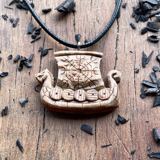 vkngjewelry Pendant Handcarved Unique Walnut Wood Drakkar Aegishjalmur Pendant