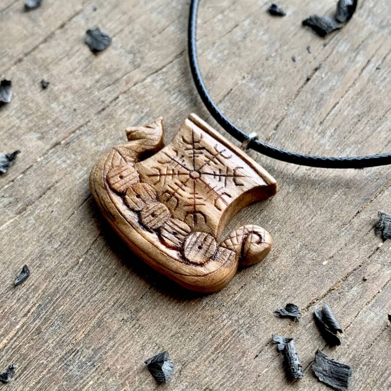 vkngjewelry Pendant Unique Walnut Wood Drakkar Aegishjalmur Pendant