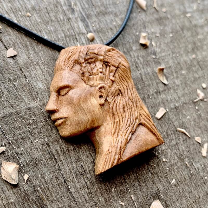 vkngjewelry Pendant Unique Walnut Wood Hand Carved Vikings Lagertha Profile Face Pendant