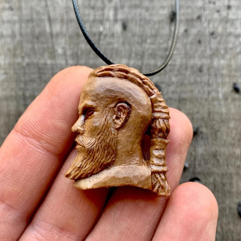 vkngjewelry Pendant Unique Walnut Wood Hand Carved Vikings Ragnar Profile Face Pendant