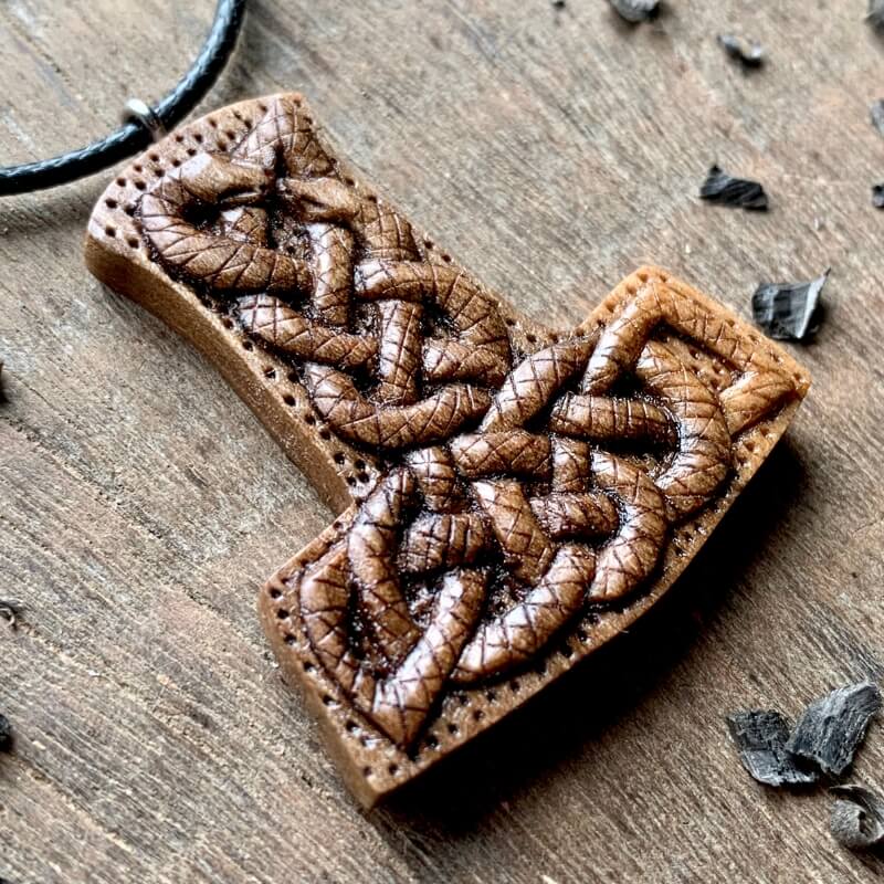 vkngjewelry Pendant Unique Walnut Wood Mjolnir Uroboro Snakes Pendant