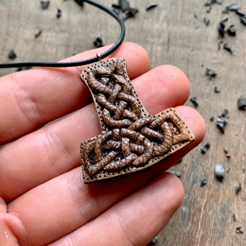 vkngjewelry Pendant Unique Walnut Wood Mjolnir Uroboro Snakes Pendant