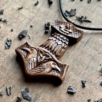 vkngjewelry Pendant Unique Walnut Wood Mjolnir With Ravens And Valknut Pendant
