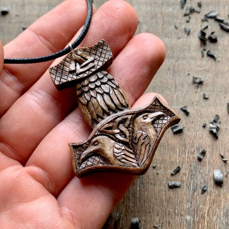 vkngjewelry Pendant Unique Walnut Wood Mjolnir With Ravens And Valknut Pendant