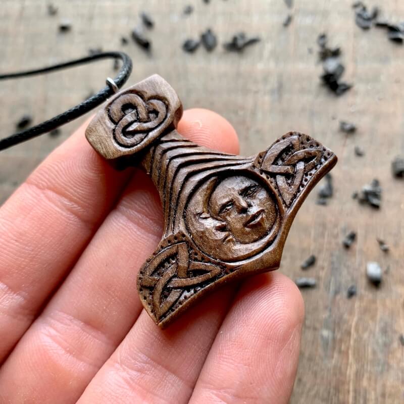 vkngjewelry Pendant Unique Walnut Wood Mjolnir With Sun And Moon Pendant