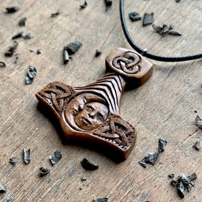 vkngjewelry Pendant Unique Walnut Wood Mjolnir With Sun And Moon Pendant