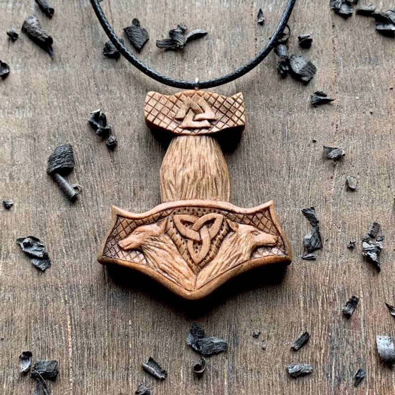 vkngjewelry Pendant Unique Walnut Wood Mjolnir With Wolves And Valknut Pendant