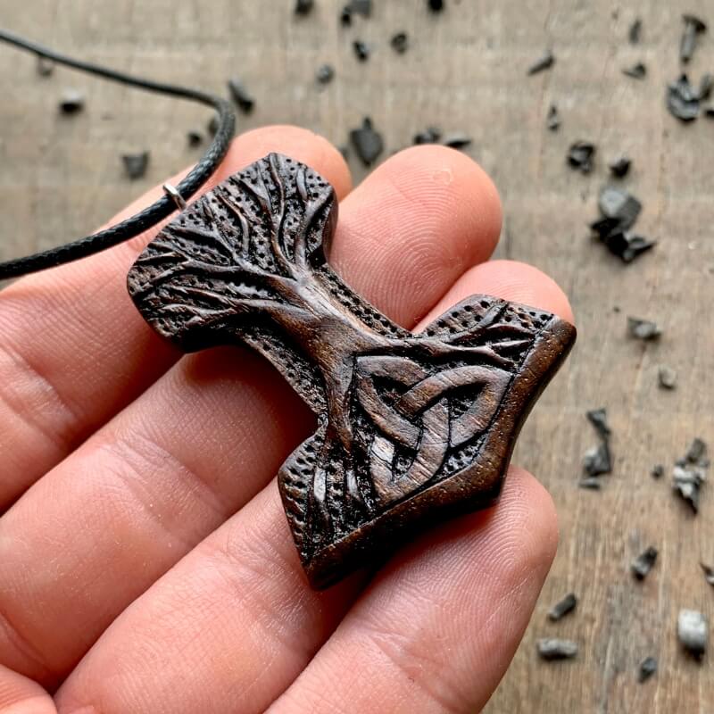 vkngjewelry Pendant Unique Walnut Wood Mjolnir With Yggdrasil And Triquetra Pendant