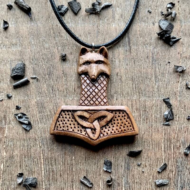 vkngjewelry Pendant Unique Walnut Wood Mjolnir Wolf Triquetra Pendant