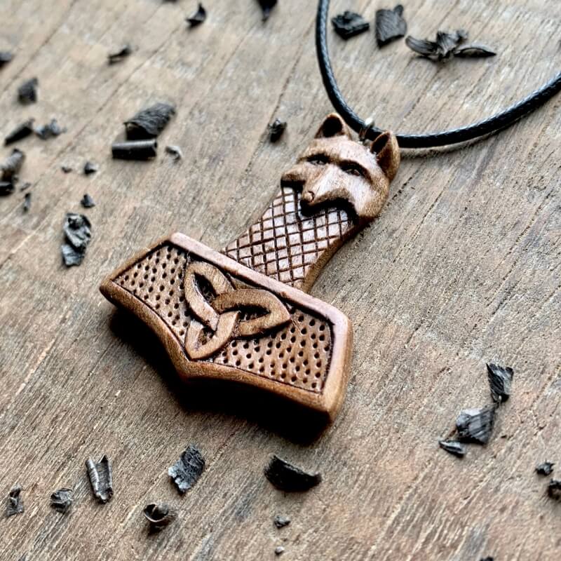 vkngjewelry Pendant Unique Walnut Wood Mjolnir Wolf Triquetra Pendant