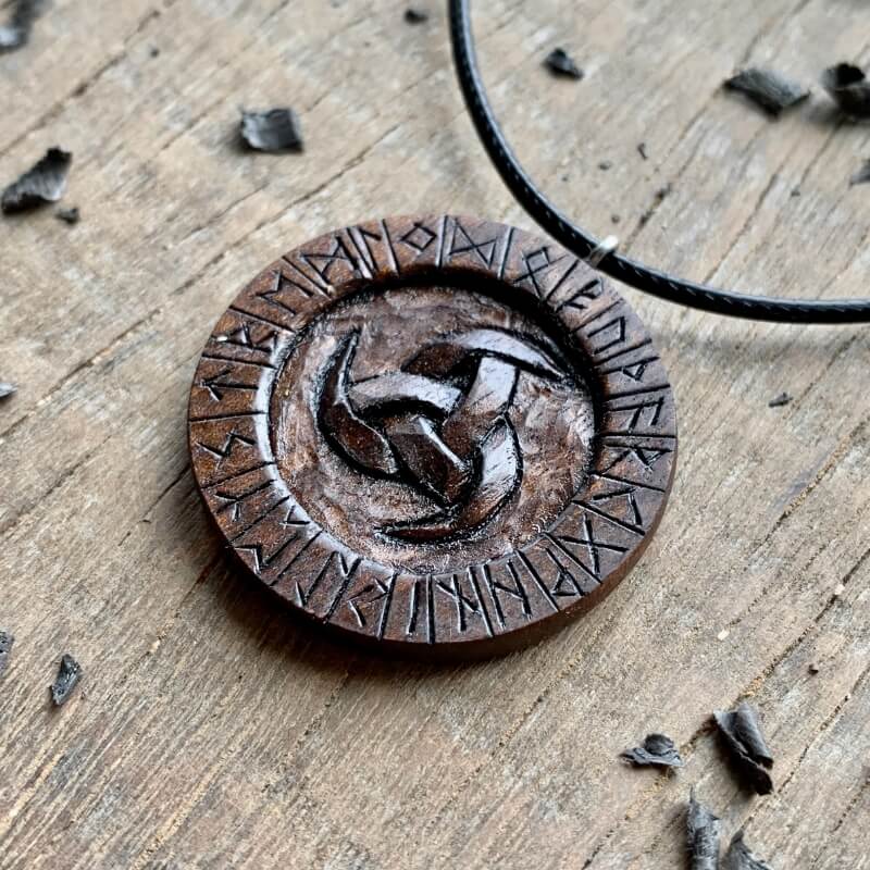 vkngjewelry Pendant Unique Walnut Wood Odin's Horns and Runes Pendant