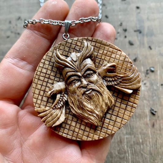 vkngjewelry Pendant Unique Walnut Wood Odin with Huginn and Muninn Pendant