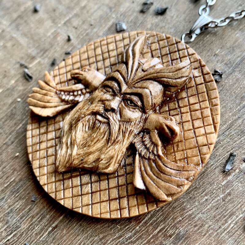vkngjewelry Pendant Unique Walnut Wood Odin with Huginn and Muninn Pendant