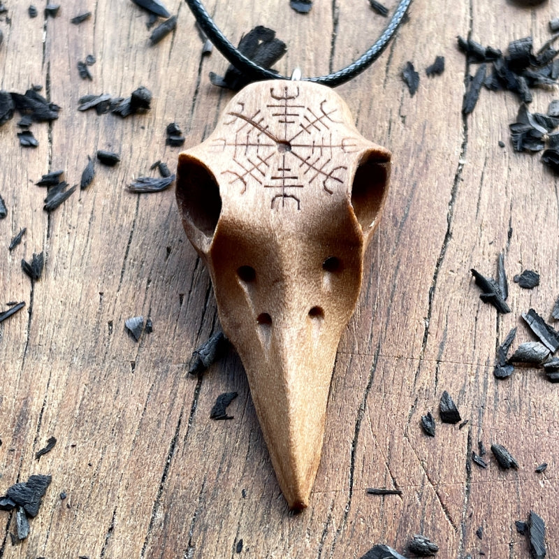 vkngjewelry Pendant Handcarved Unique Walnut Wood Raven's Skull With Helm Of Awe Pendant