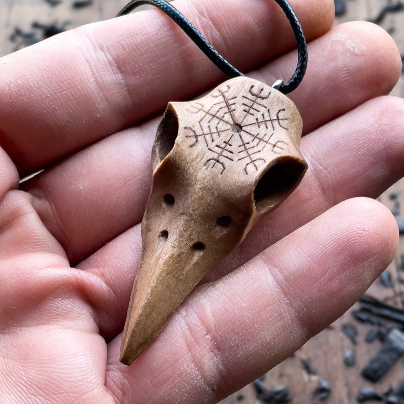vkngjewelry Pendant Handcarved Unique Walnut Wood Raven's Skull With Helm Of Awe Pendant