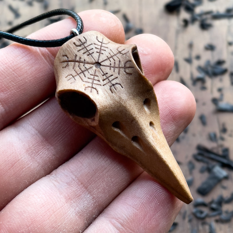 vkngjewelry Pendant Handcarved Unique Walnut Wood Raven's Skull With Helm Of Awe Pendant