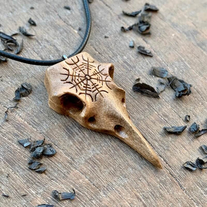vkngjewelry Pendant Unique Walnut Wood Raven's Skull With Helm Of Awe Pendant