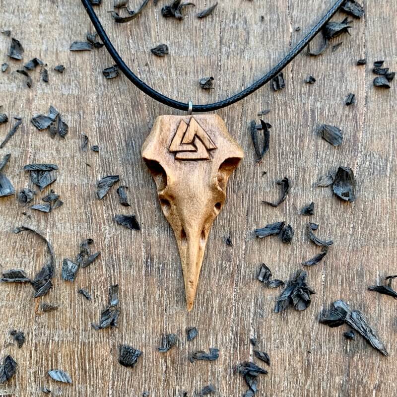 vkngjewelry Pendant Unique Walnut Wood Raven's Skull With Valknut Pendant
