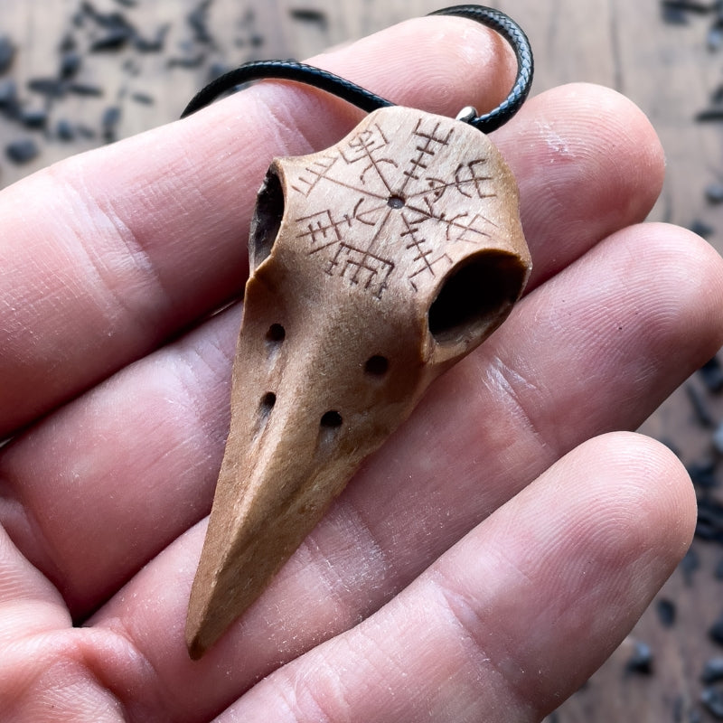 vkngjewelry Pendant Handcarved Unique Walnut Wood Raven's Skull With Vegvisir Pendant
