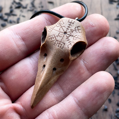 vkngjewelry Pendant Handcarved Unique Walnut Wood Raven's Skull With Vegvisir Pendant
