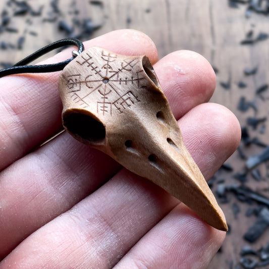vkngjewelry Pendant Handcarved Unique Walnut Wood Raven's Skull With Vegvisir Pendant