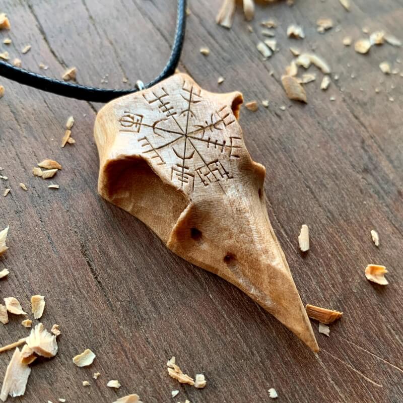 vkngjewelry Pendant Unique Walnut Wood Raven's Skull With Vegvisir Pendant
